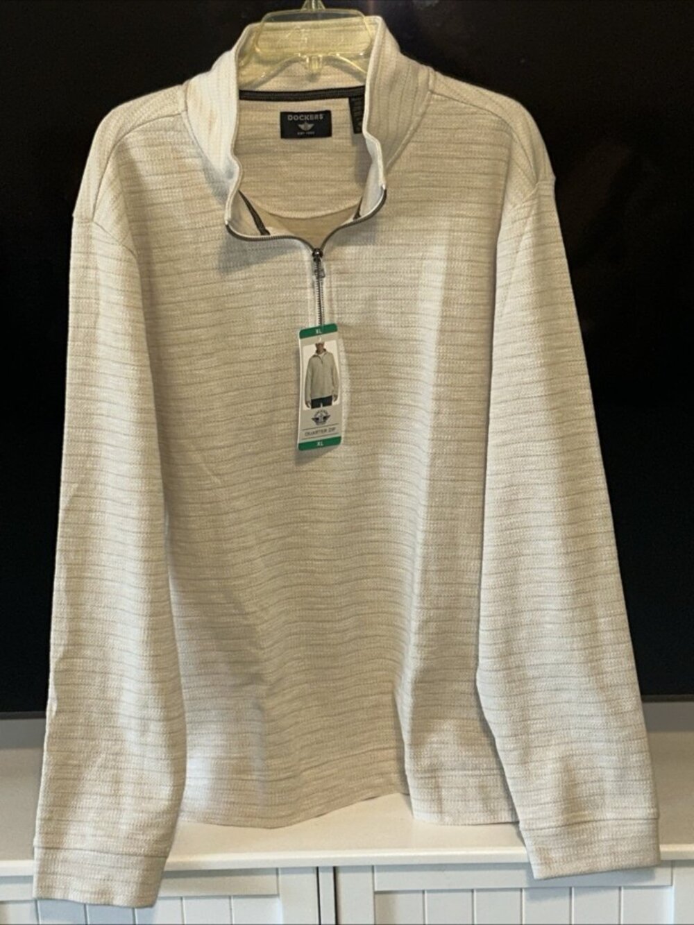 Dockers Men's Quarter Zip Regular Fit Textured Fabric Pullover, Beige, Size XL